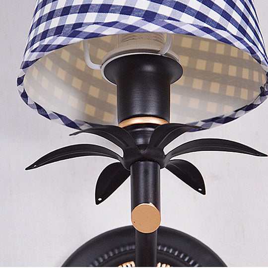 Blue Wall Mount Sconce Light With Traditional Metal Conical Design And Lattice Fabric Shade