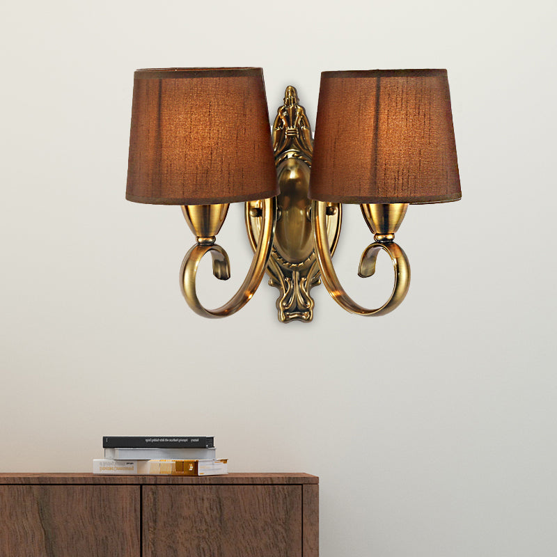 Traditional Wall Mount Lamp 1/2-Light Metal Sconce With Fabric Shade In Coffee For Living Room