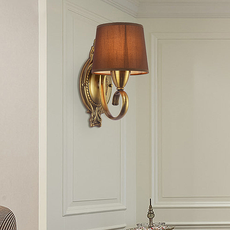 Traditional Wall Mount Lamp 1/2-Light Metal Sconce With Fabric Shade In Coffee For Living Room 1 /