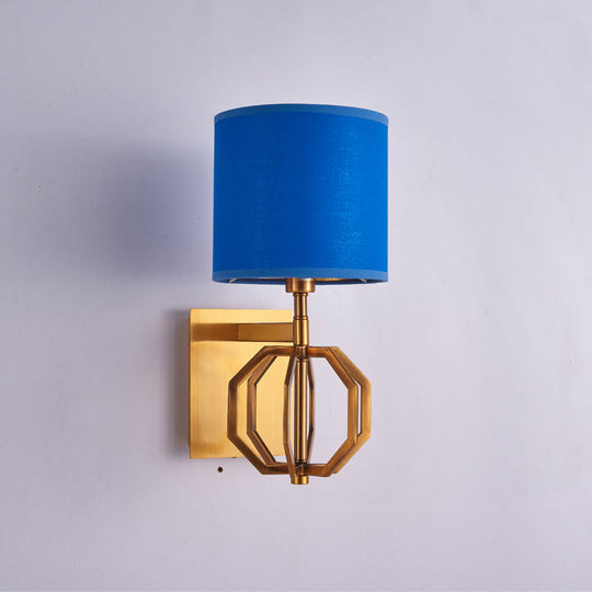 Modern Metal Royal Blue Wall Sconce With Fabric Shade - 1-Light Drum Fixture For Foyer