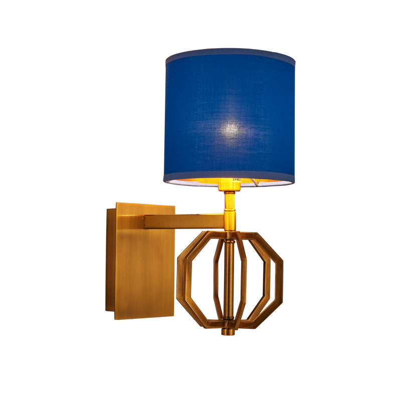 Modern Metal Royal Blue Wall Sconce With Fabric Shade - 1-Light Drum Fixture For Foyer