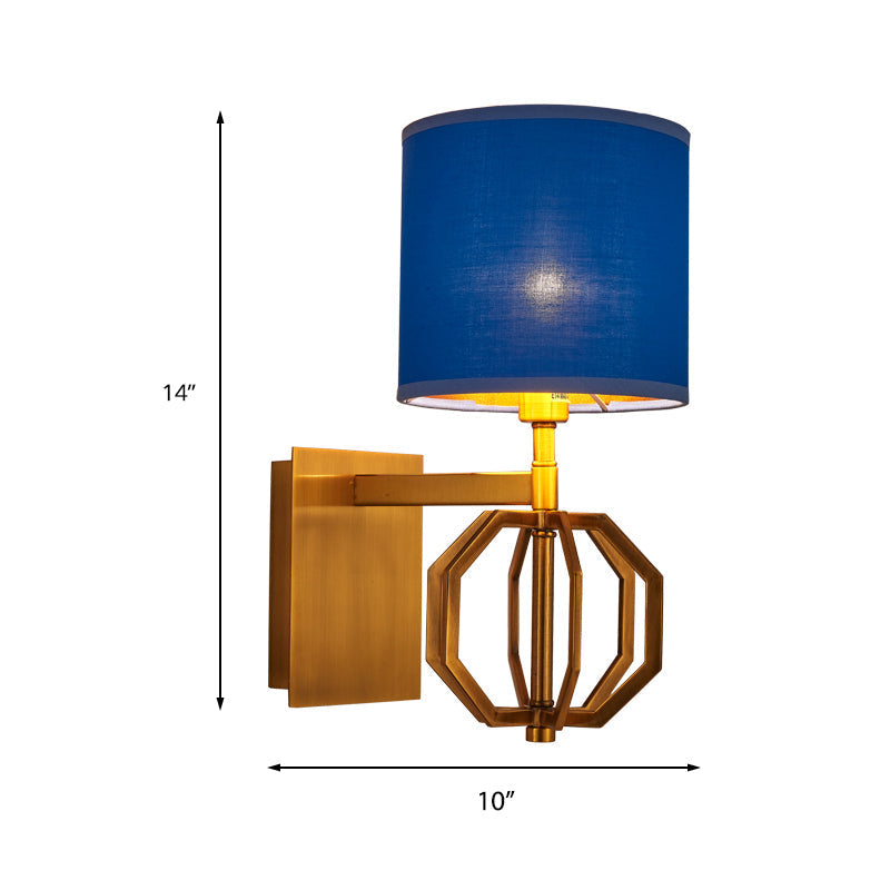 Modern Metal Royal Blue Wall Sconce With Fabric Shade - 1-Light Drum Fixture For Foyer