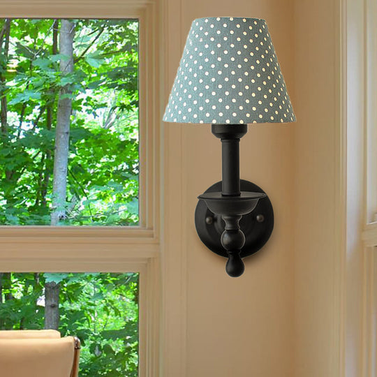 Modern Tapered Sconce Light With Dot Fabric Shade - Coffee/Blue