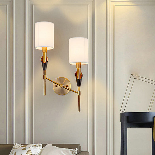 Traditional Gold Metal Wall Sconce Light With Fabric Shade - Cylinder Design