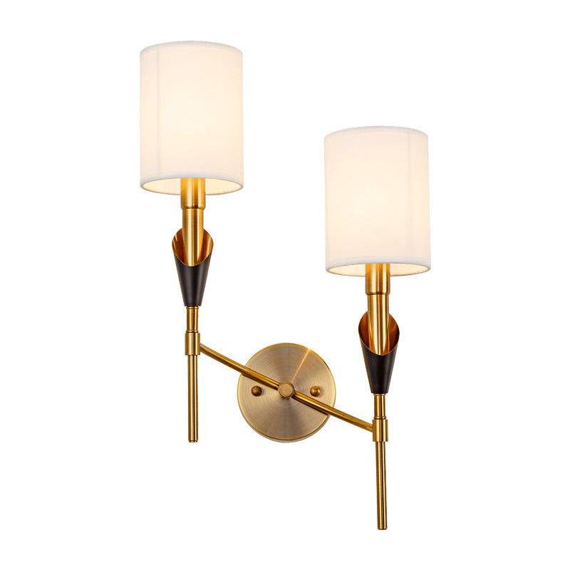 Traditional Gold Metal Wall Sconce Light With Fabric Shade - Cylinder Design