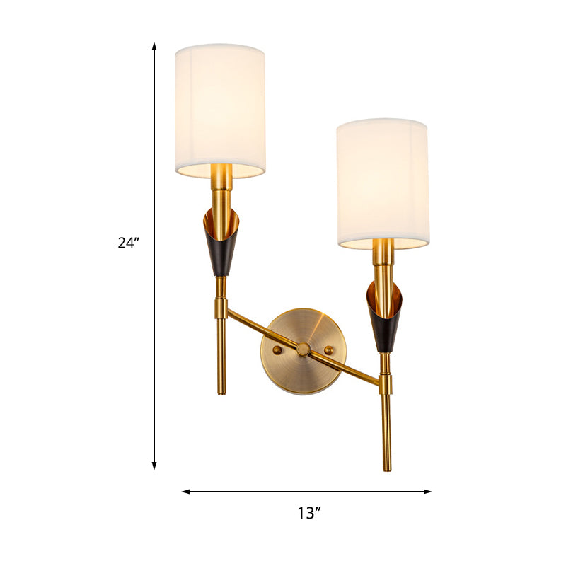 Traditional Gold Metal Wall Sconce Light With Fabric Shade - Cylinder Design