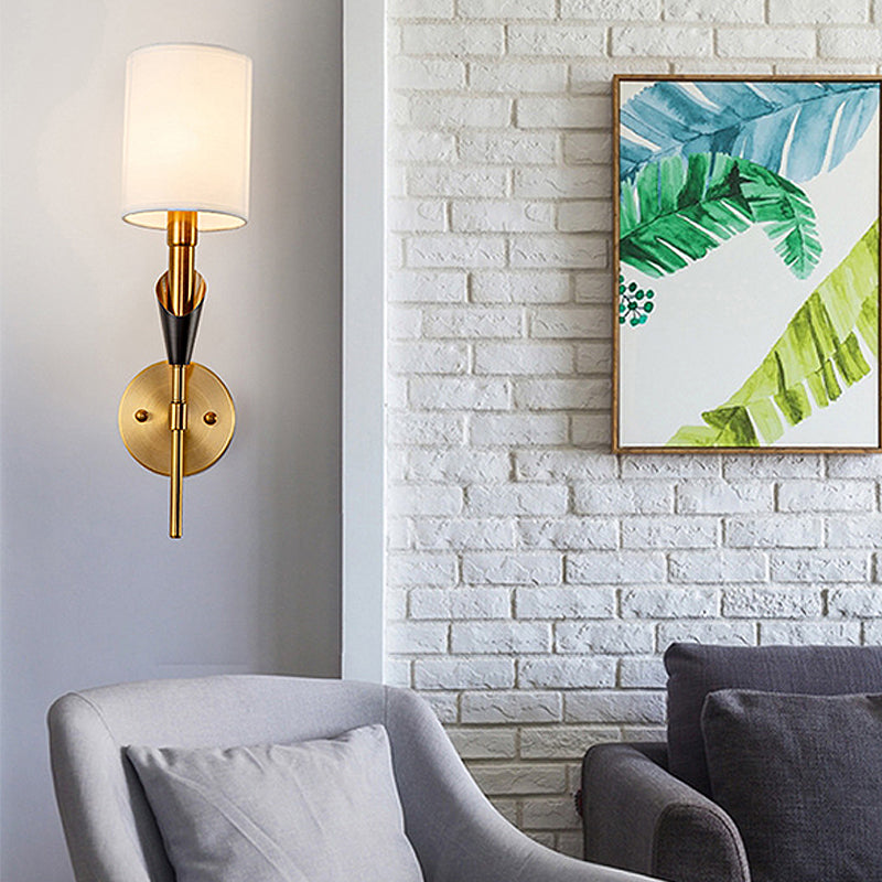 Traditional Gold Metal Wall Sconce Light With Fabric Shade - Cylinder Design