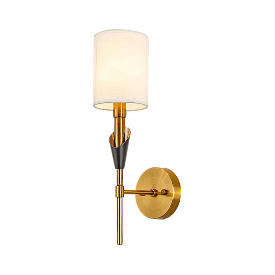 Traditional Gold Metal Wall Sconce Light With Fabric Shade - Cylinder Design