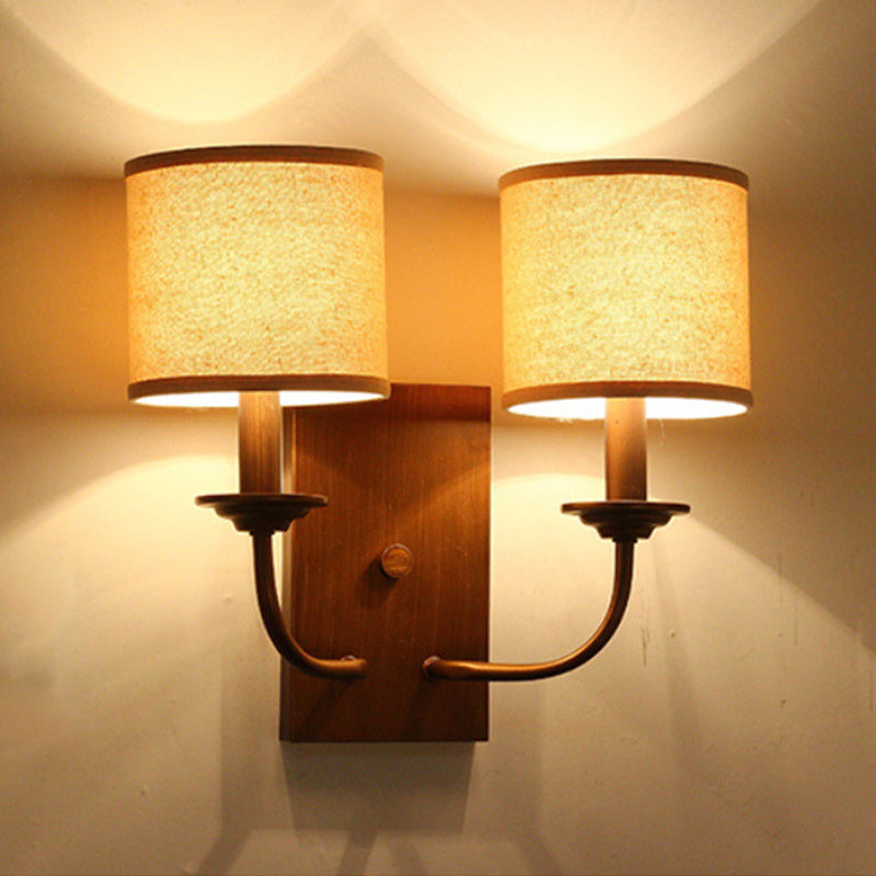 Vintage Style Fabric Shade Wall Lamp: 1/2-Light Bedroom Sconce In Flaxen 2 /