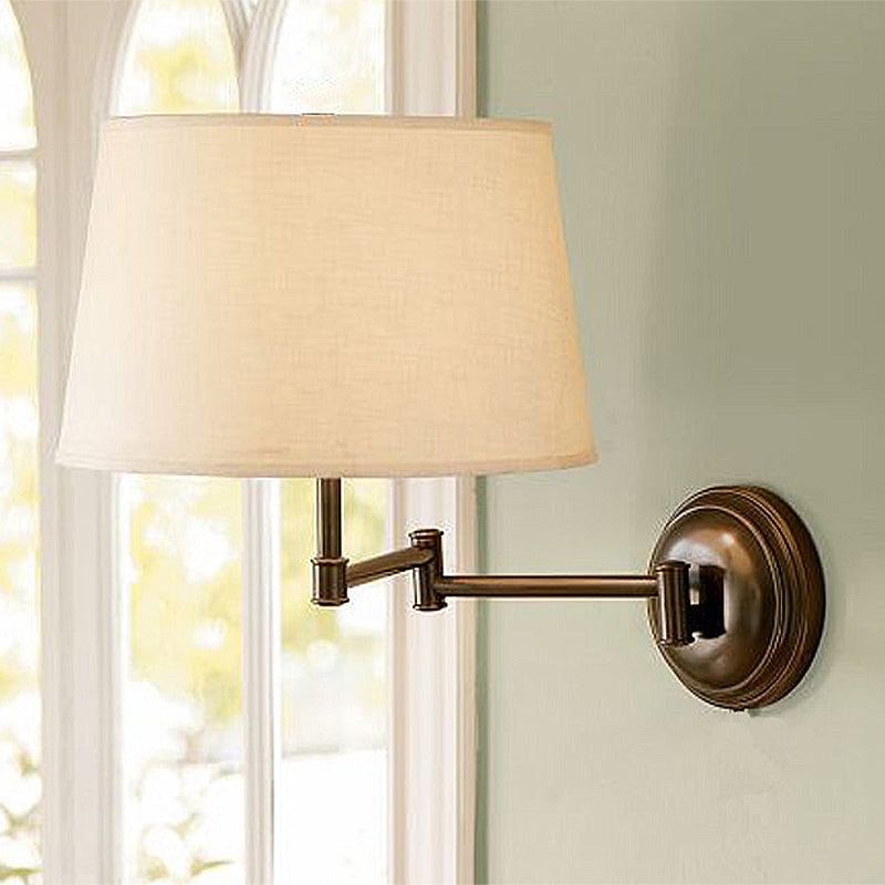 Adjustable Arm Retro White Fabric Wall Sconce Light For Living Room Drum Style