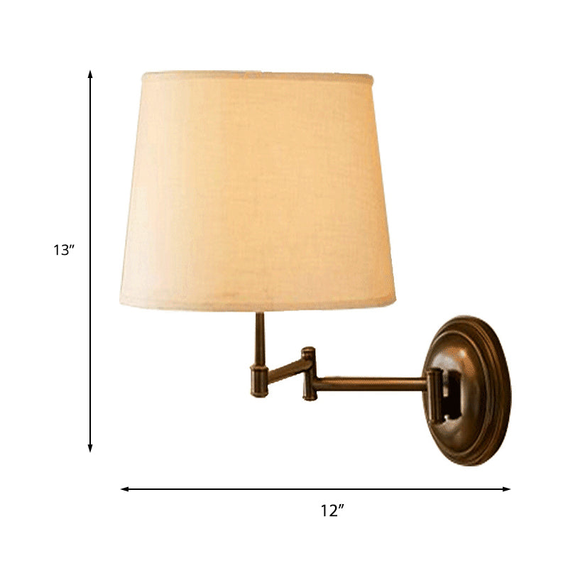 Adjustable Arm Retro White Fabric Wall Sconce Light For Living Room Drum Style