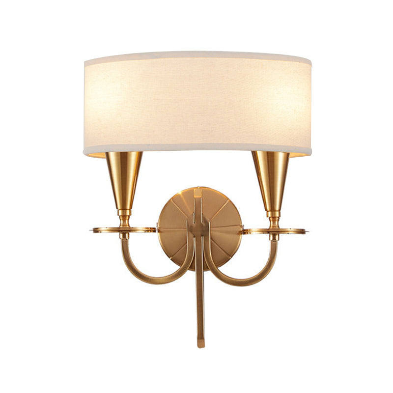 Vintage Brass Cylinder Wall Sconce With Fabric Shade And Arched Metal Arm - Ideal For Bedroom