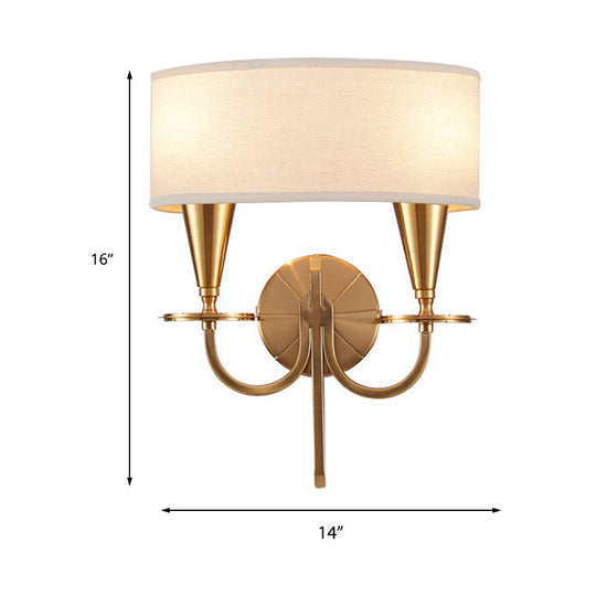 Vintage Brass Cylinder Wall Sconce With Fabric Shade And Arched Metal Arm - Ideal For Bedroom