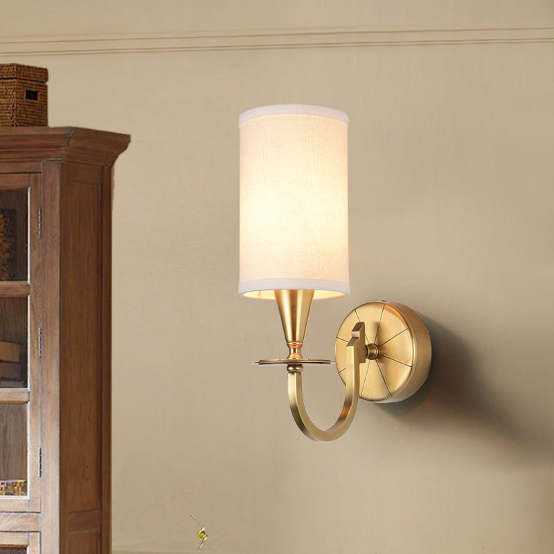 Vintage Brass Cylinder Wall Sconce With Fabric Shade And Arched Metal Arm - Ideal For Bedroom