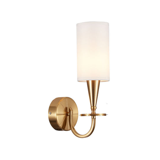 Vintage Brass Cylinder Wall Sconce With Fabric Shade And Arched Metal Arm - Ideal For Bedroom