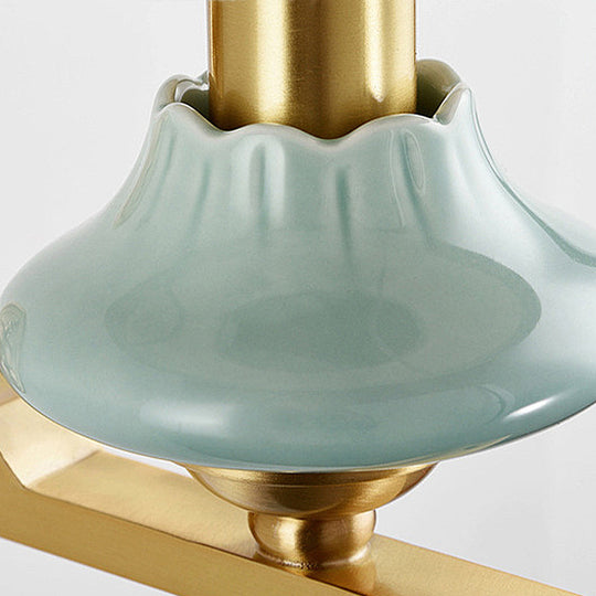 Retro Gold Fabric Wall Sconce With Porcelain Cap - Cylindrical 1/2-Light Lamp For Porch