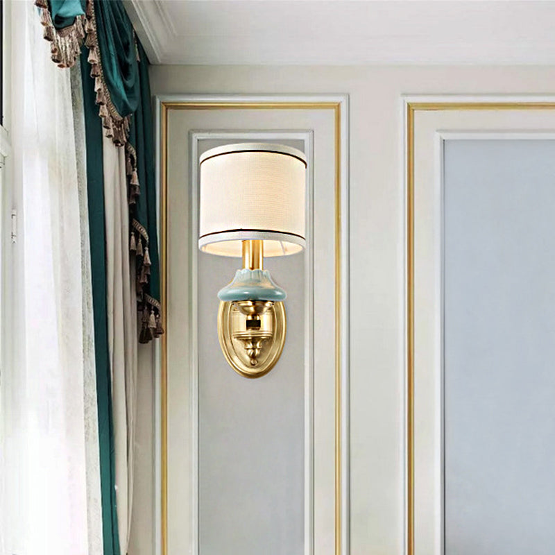 Retro Gold Fabric Wall Sconce With Porcelain Cap - Cylindrical 1/2-Light Lamp For Porch 1 /