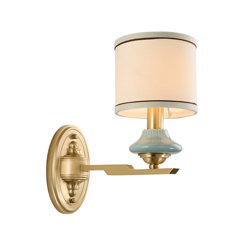 Retro Gold Fabric Wall Sconce With Porcelain Cap - Cylindrical 1/2-Light Lamp For Porch