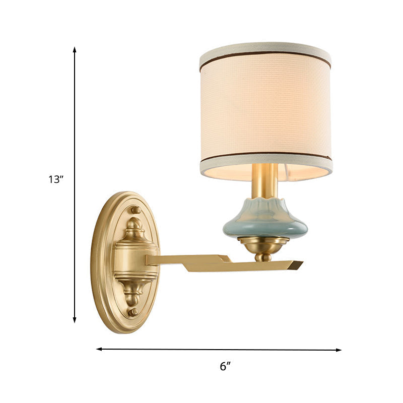 Retro Gold Fabric Wall Sconce With Porcelain Cap - Cylindrical 1/2-Light Lamp For Porch