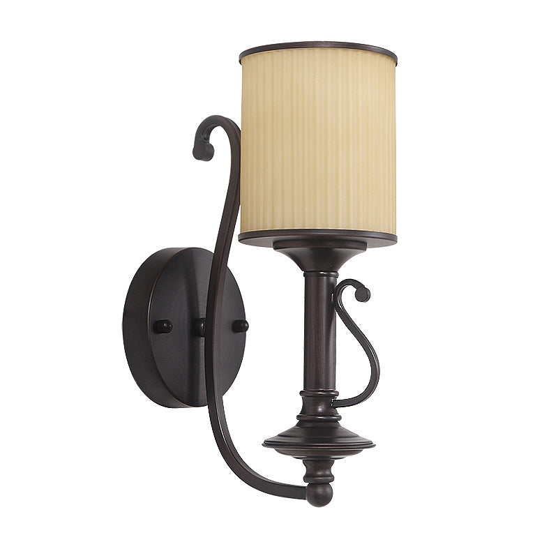 Retro Black Cylinder Wall Light With Metal Curvy Arm: Fabric Shade 1-Light Living Room Lamp