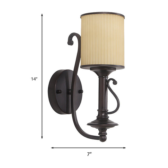 Retro Black Cylinder Wall Light With Metal Curvy Arm: Fabric Shade 1-Light Living Room Lamp