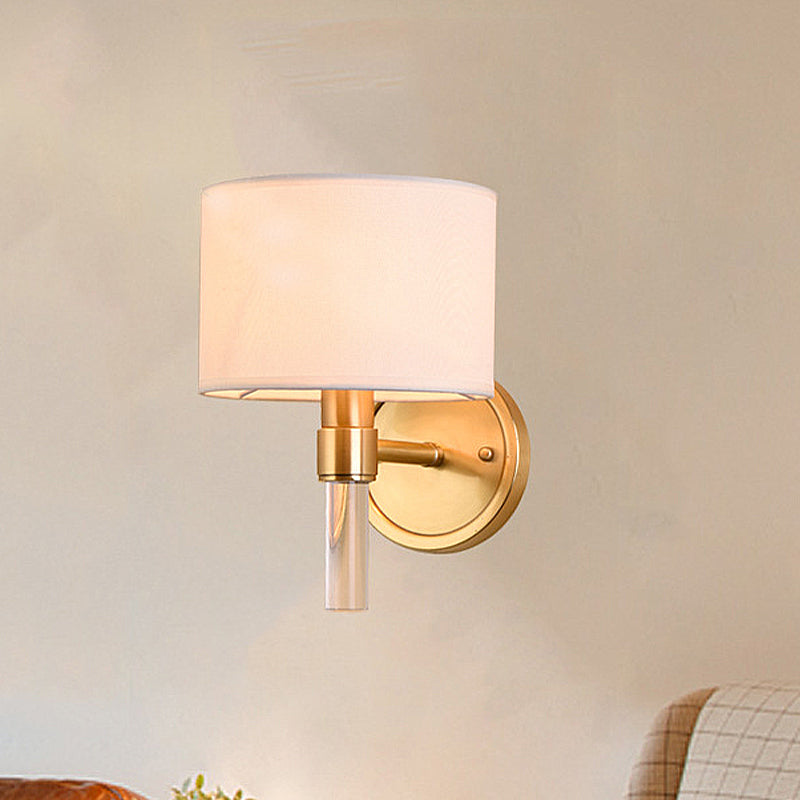 Vintage Metal Brass Drum Wall Lamp With White Fabric Shade - Ideal For Study Room