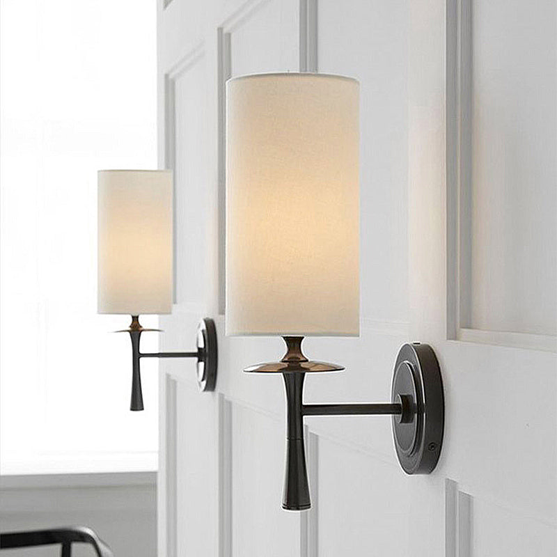 Black/Brass Wall Mount Sconce Light With Traditional Fabric Cylinder Shade For Living Room Black