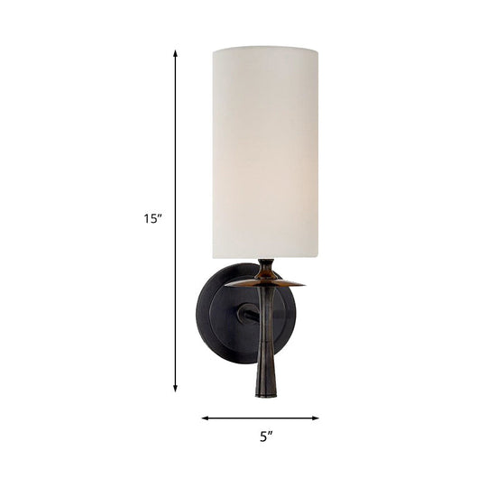 Black/Brass Wall Mount Sconce Light With Traditional Fabric Cylinder Shade For Living Room