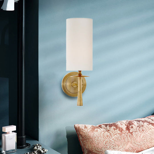 Black/Brass Wall Mount Sconce Light With Traditional Fabric Cylinder Shade For Living Room Brass