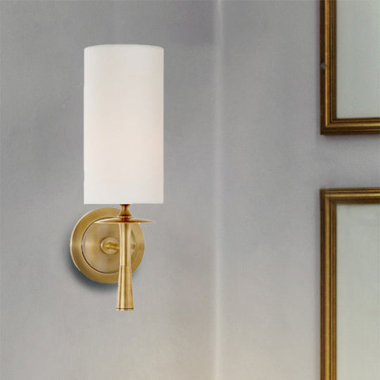 Black/Brass Wall Mount Sconce Light With Traditional Fabric Cylinder Shade For Living Room