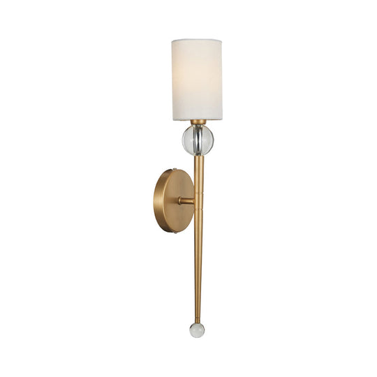 Modern Gold Wall Mount Light With Crystal Accent - Fabric Cylindrical Sconce For Living Room (1