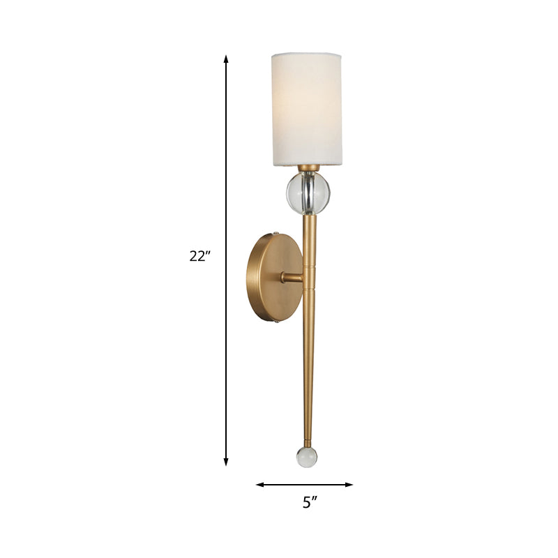 Modern Gold Wall Mount Light With Crystal Accent - Fabric Cylindrical Sconce For Living Room (1