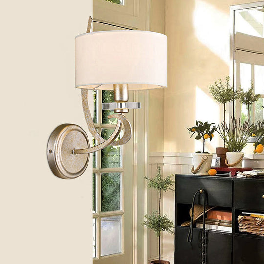 Traditional White Wall Sconce With Fabric Shade - Drum Style