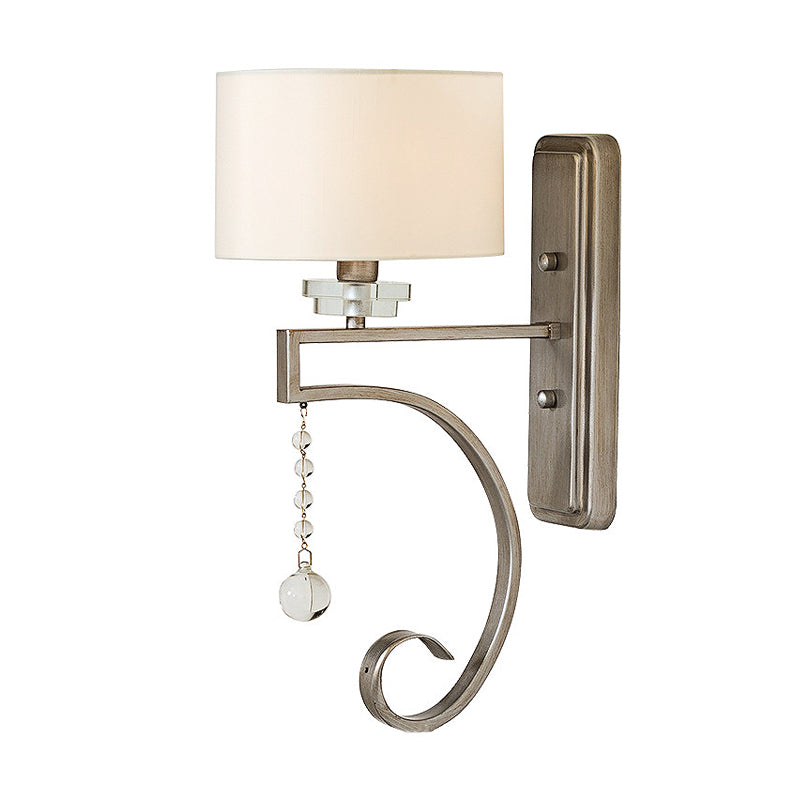 Retro Drum Wall Lamp Fabric Shade Sconce Light With Clear Crystal Bead - White Bedroom Lighting