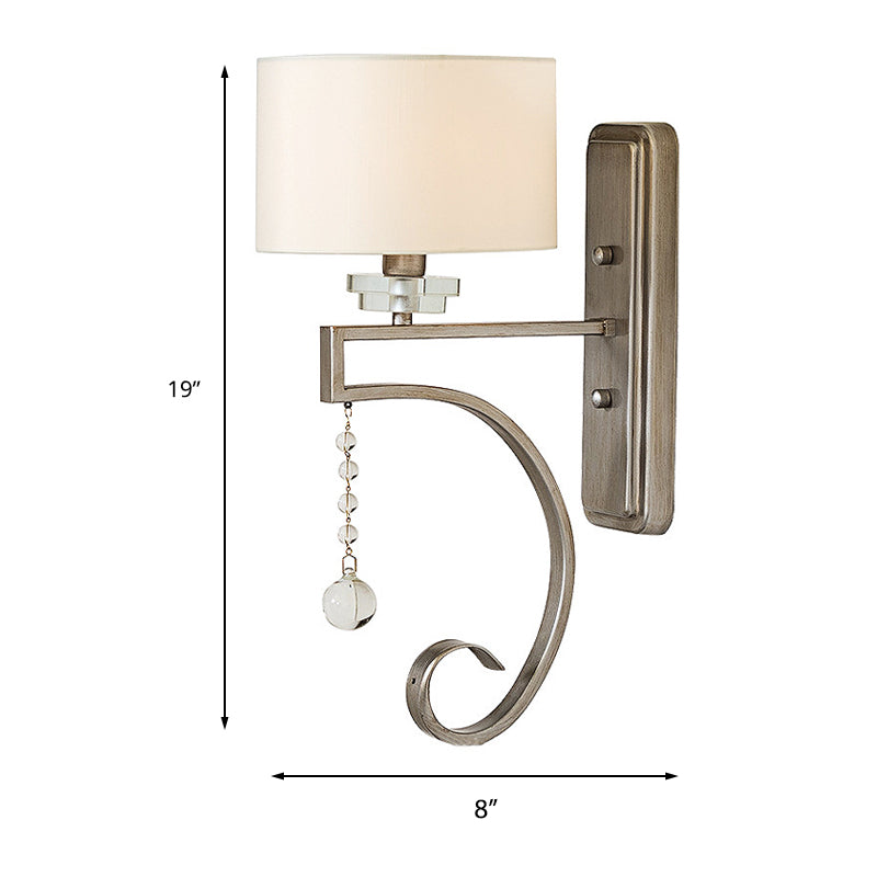 Retro Drum Wall Lamp Fabric Shade Sconce Light With Clear Crystal Bead - White Bedroom Lighting