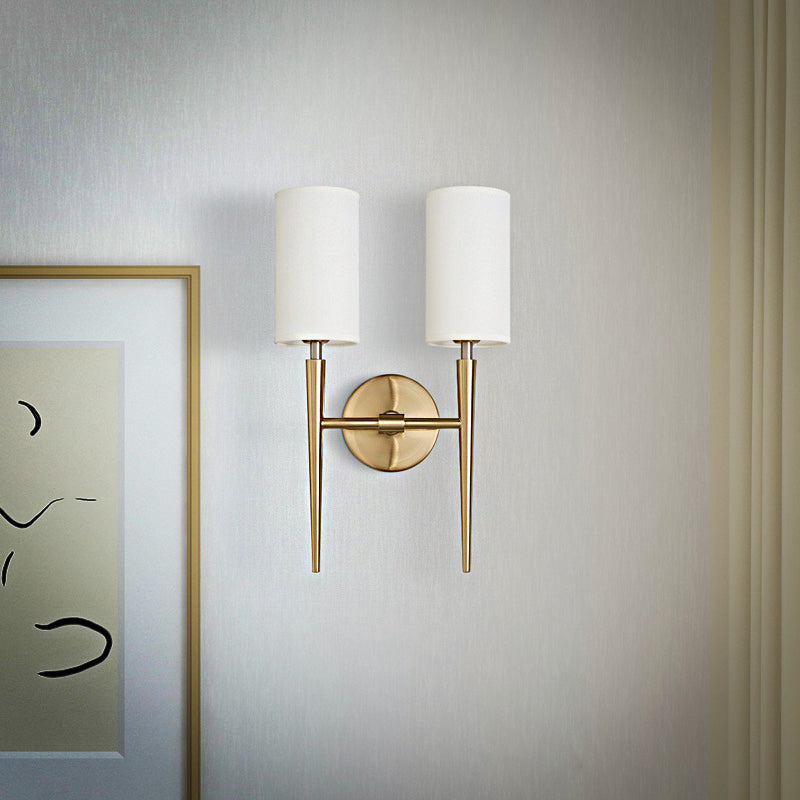 Modern 2-Light Metal Brass Wall Lamp With Symmetric Cylinder Design Fabric Shade - Ideal For Bedroom