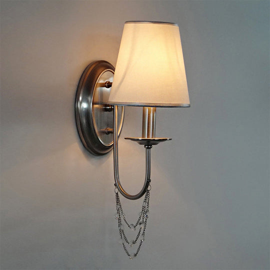 Retro Silver Wall Mount Lamp With Tapered Fabric Shade For Living Room Décor 1 /