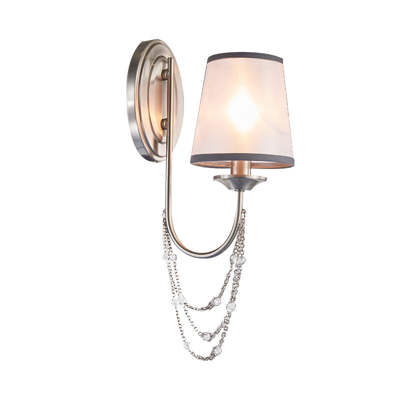 Retro Silver Wall Mount Lamp With Tapered Fabric Shade For Living Room Décor