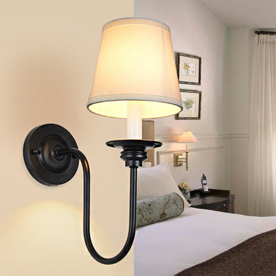 Traditional White Cone Fabric Wall Sconce With Metal Arched Arm - Bedroom Lighting