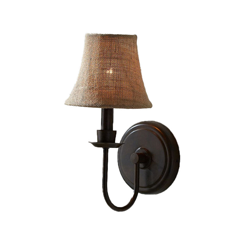 Flaxen 1-Bulb Wall Sconce - Traditional Fabric Bell Lamp With Arched Arm And Round Backplate