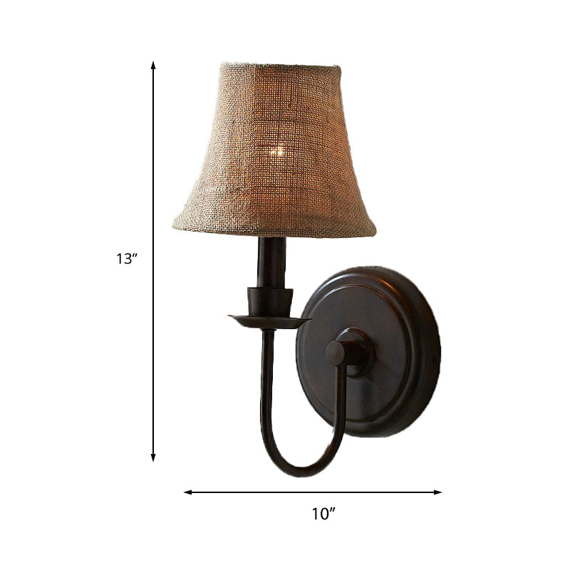 Flaxen 1-Bulb Wall Sconce - Traditional Fabric Bell Lamp With Arched Arm And Round Backplate