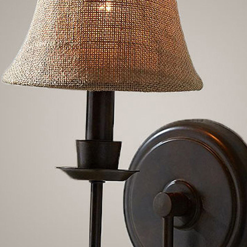 Flaxen 1-Bulb Wall Sconce - Traditional Fabric Bell Lamp With Arched Arm And Round Backplate