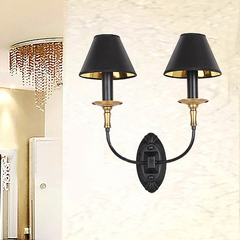 Vintage Style Tapered Wall Sconce With Fabric Shade - 1/2 Lights Black Finish