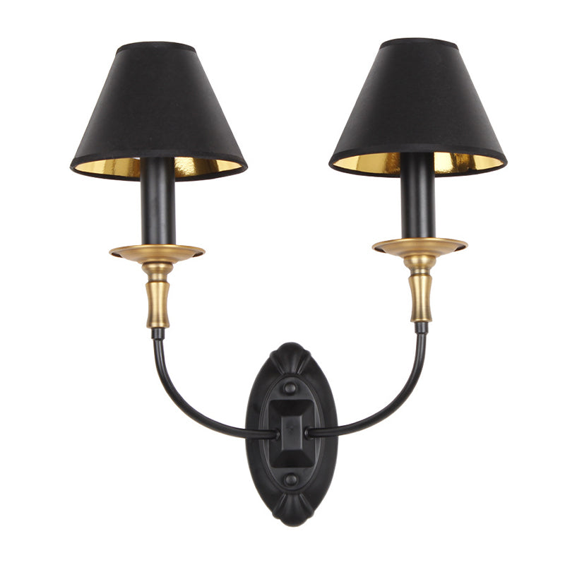 Vintage Style Tapered Wall Sconce With Fabric Shade - 1/2 Lights Black Finish