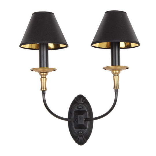 Vintage Style Tapered Wall Sconce With Fabric Shade - 1/2 Lights Black Finish