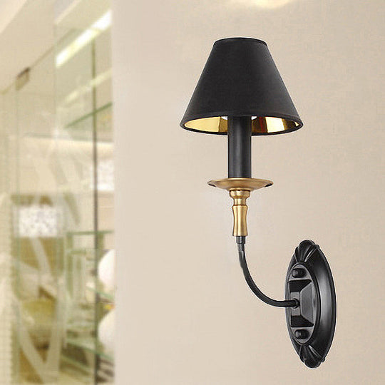 Vintage Style Tapered Wall Sconce With Fabric Shade - 1/2 Lights Black Finish