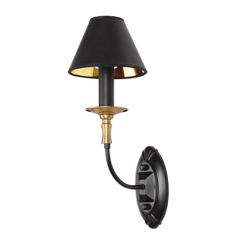 Vintage Style Tapered Wall Sconce With Fabric Shade - 1/2 Lights Black Finish