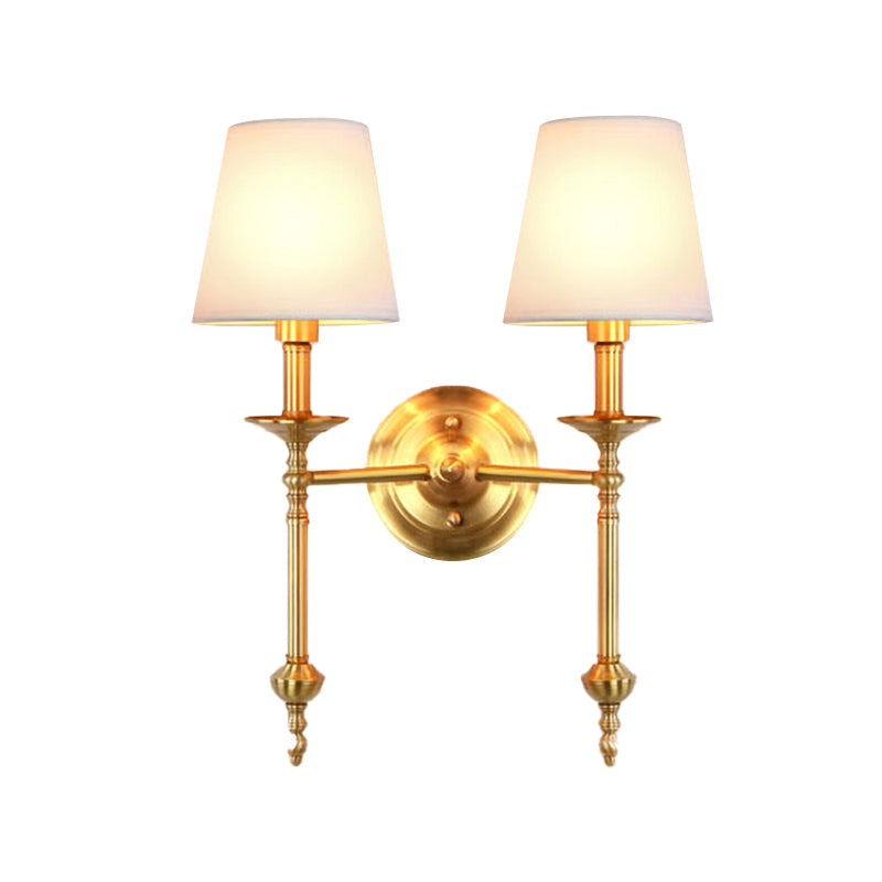 Retro Brass Cone Wall Sconce With White Fabric Shade - Ideal For Dining Room Lighting