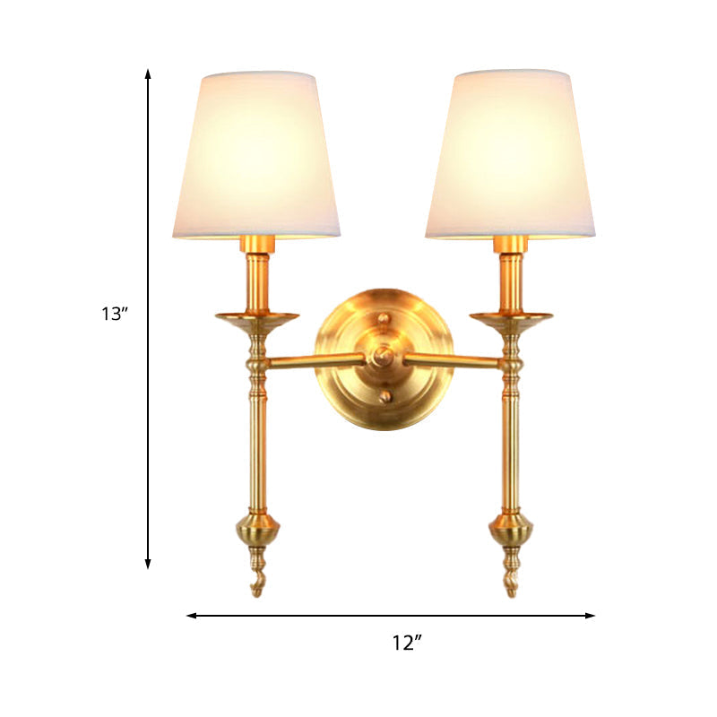 Retro Brass Cone Wall Sconce With White Fabric Shade - Ideal For Dining Room Lighting