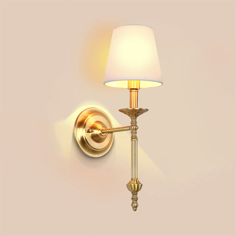 Retro Brass Cone Wall Sconce With White Fabric Shade - Ideal For Dining Room Lighting 1 /